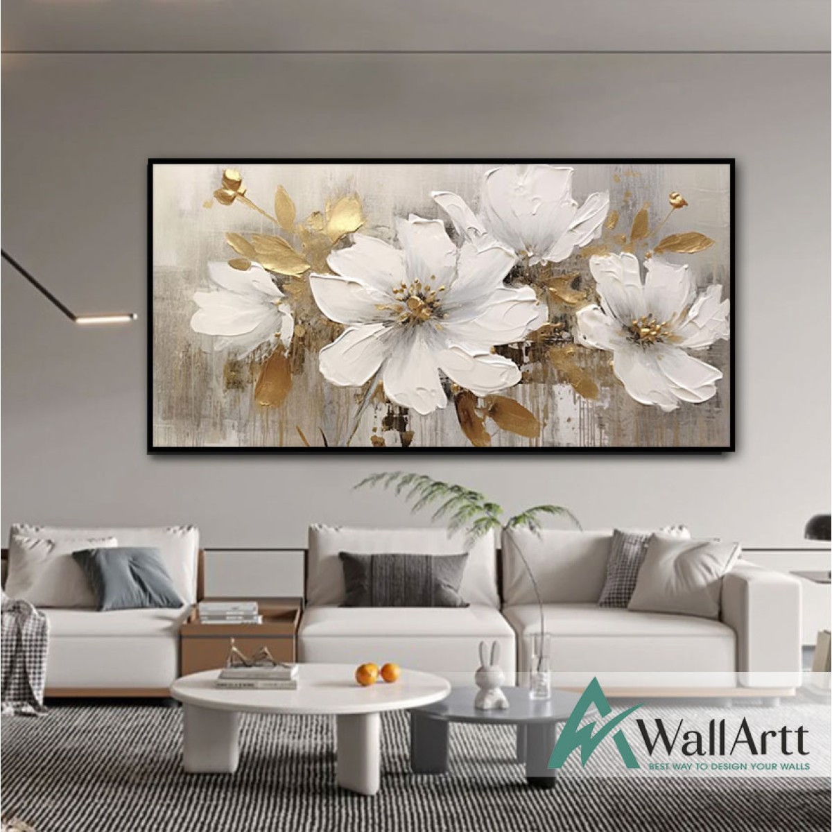 White Flowers with Gold Leaves IV 3d Heavy Textured Partial Oil Painting